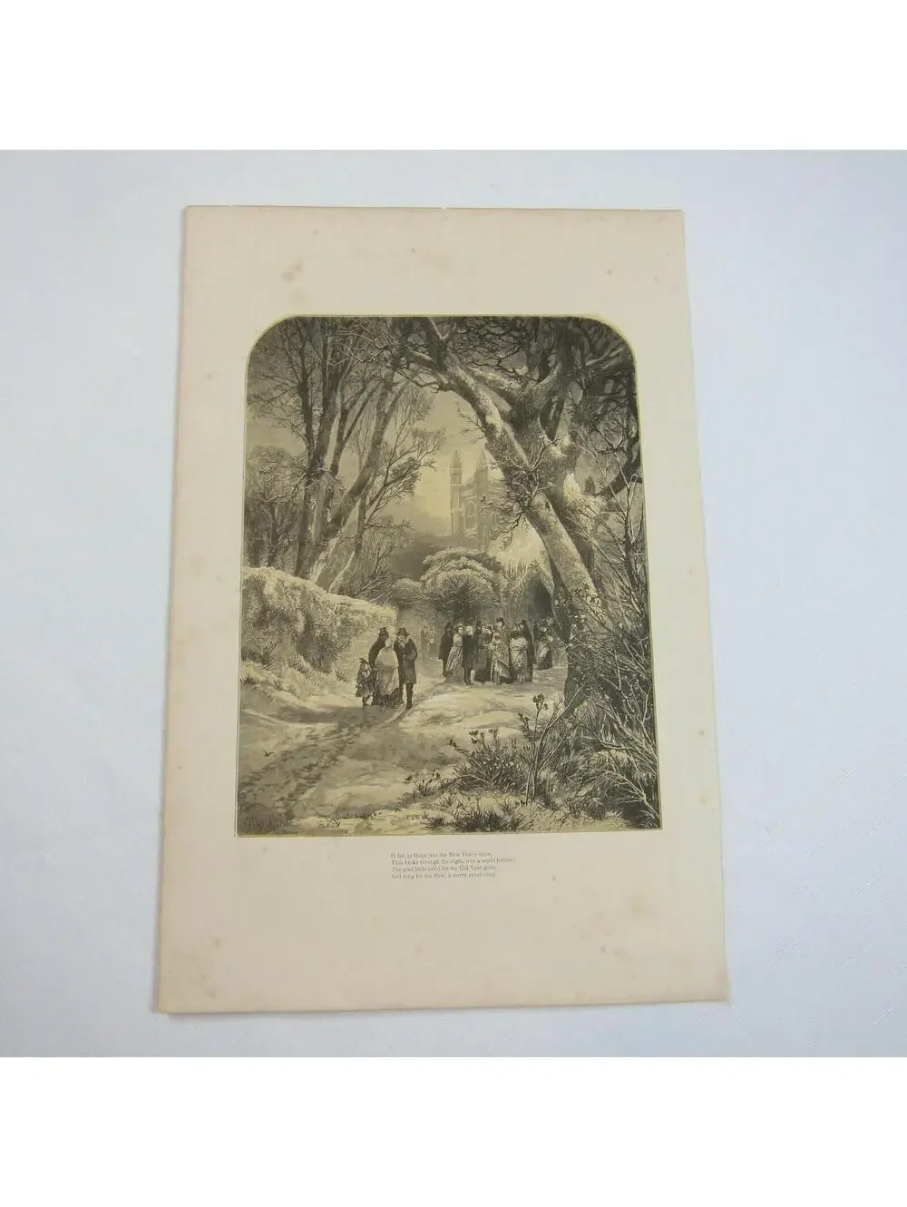 Antique 1870s Wood Engraving Print Cathedral Churchgoers New Years Thomas Moran